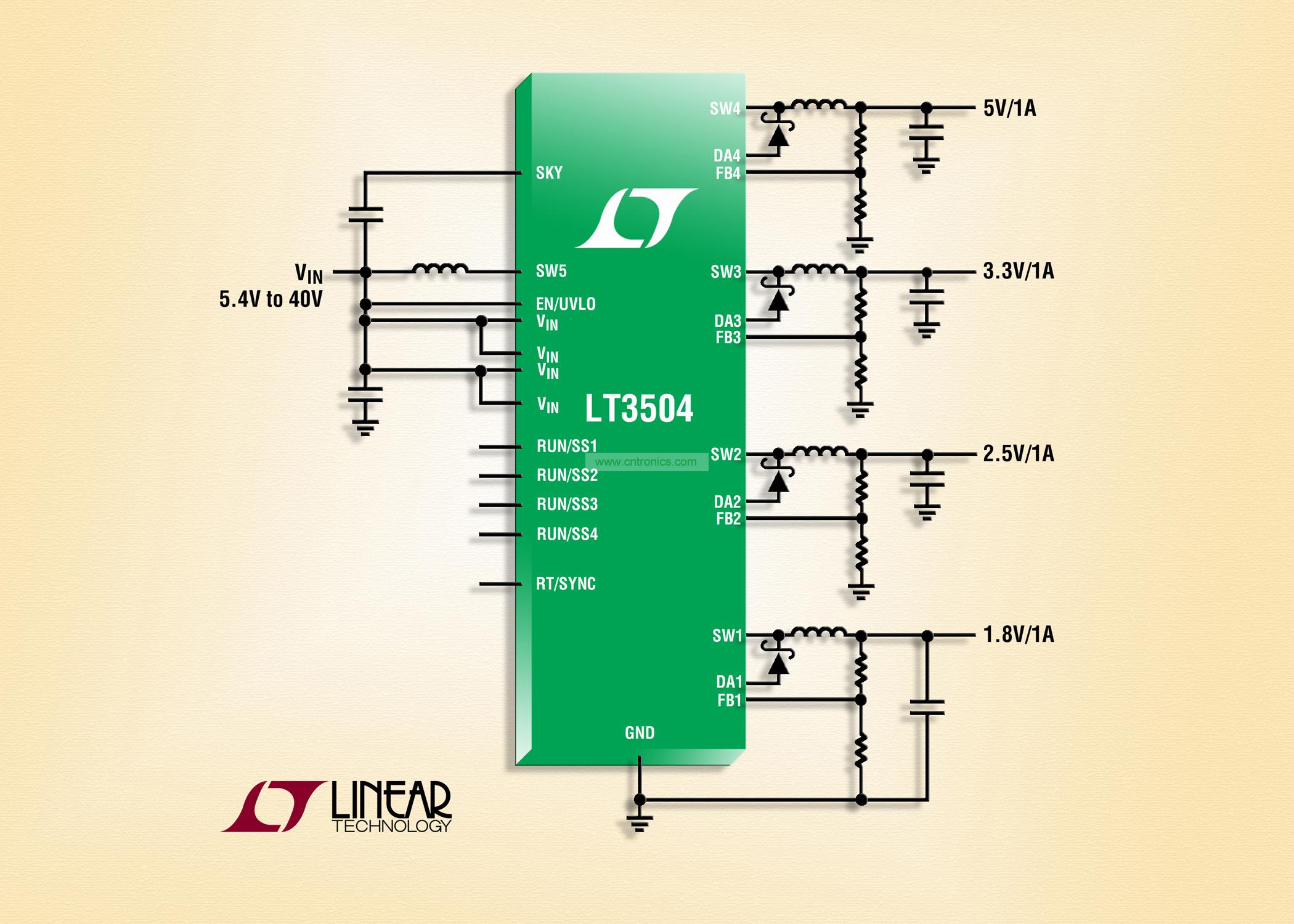 40V、4 通道 1A (IOUT)、2.2MHz 降壓型 DC/DC 轉(zhuǎn)換器