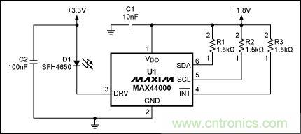 圖2：MAX44000典型電路，帶有發(fā)射器旁路