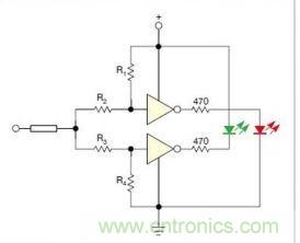 在雙門構(gòu)成的CMOS/TTL兼容探頭中，R1至R4電阻網(wǎng)絡(luò)對(duì)反相器輸入端做偏置