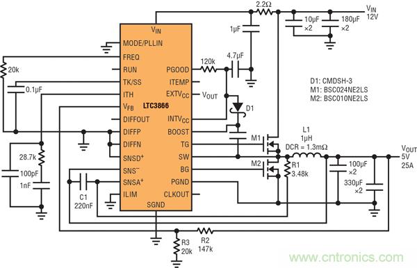 圖9：高效率電源，12V輸入至5V/25A輸出