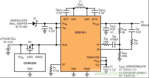 圖7：LTC3115-1與LTC4412HV相結(jié)合，以獲得由單節(jié)鋰離子電池和未穩(wěn)壓交流適配器提供的雙輸入5V電源