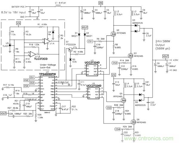 TPS40090 多相降壓控制器的 4 相、300W 升壓電源