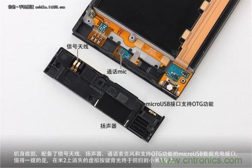 信號(hào)天線、揚(yáng)聲器、麥克風(fēng)以及支持OTG功能的Micro USB接口均位于底部