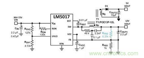 基于 LM5017 的 Fly-Buck 轉(zhuǎn)換器電路，沒有基于光耦合器的穩(wěn)壓電路