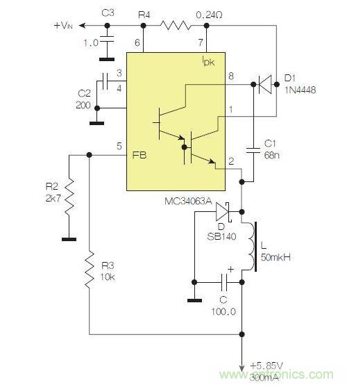 采用降壓配置中廣為使用的MC33063/MC34063的一個示例。