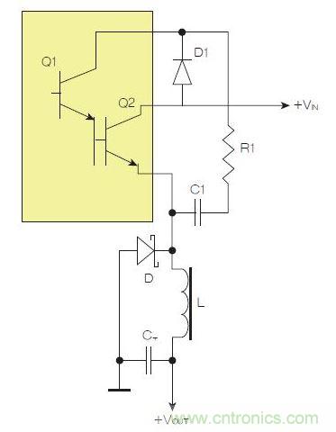 為了實現(xiàn)用兩個元器件提升電源轉(zhuǎn)換效率，芯片上應有針對驅(qū)動器晶體管Q1集電極的單獨引腳。