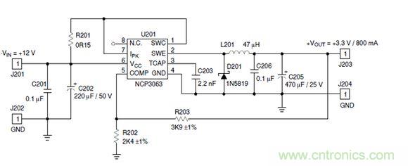 Buck電路應(yīng)用實(shí)例-輸入9～12V，輸出3.3V 800mA電路
