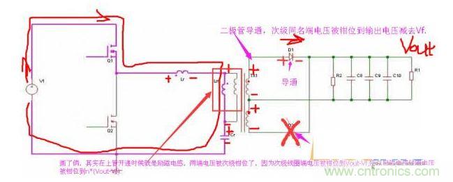 上管開通，注意諧振電感、勵磁電感、諧振電容的正負
