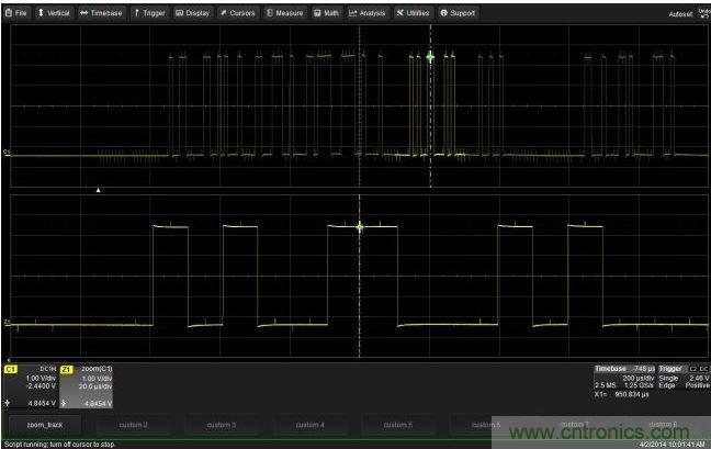 使用CustomDSO運行VB腳本“zoom_Track.lss”。當(dāng)腳本運行時，縮放波形的中心將跟蹤水平的光標(biāo)絕對位置。從圖中可以看出，光標(biāo)將永遠位于縮放波形Z1的中心