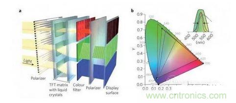  LCD顯示器示意圖。TFT表示薄膜晶體管（thin-film transistor）。