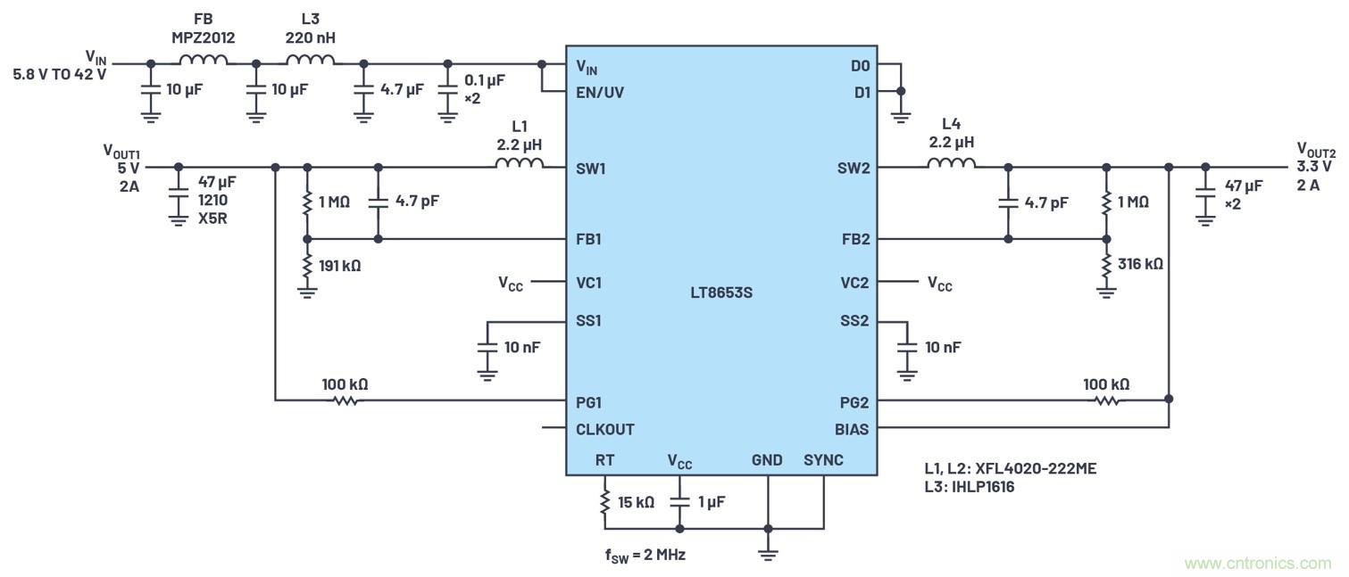 具有6.2 µA靜態(tài)電流的雙通道、42 V、2 A、單片、同步降壓型Silent Switcher 2穩(wěn)壓器