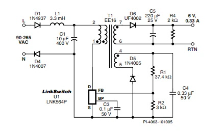 LinkSwitch-LP 系列旨在取代手機(jī)/無繩電話、PDA、數(shù)碼相機(jī)和便攜式音頻播放器等應(yīng)用中輸出功率 < 2.5 W 的低效線頻線性變壓器電源。LinkSwitch-LP 還可用作白色家電等應(yīng)用中的輔助電源。  LinkSwitch-LP 將高壓功率 MOSFET 開關(guān)與 ON/OFF 控制器集成在一個設(shè)備中。它完全由漏極引腳自供電，具有低 EMI 的抖動開關(guān)頻率，并且具有全面的故障保護(hù)。自動重啟可限制過載和輸出短路條件下的器件和電路耗散，而遲滯過溫保護(hù)會在熱故障期間禁用內(nèi)部 MOSFET。EcoSmart 技術(shù)使設(shè)計能夠輕松實(shí)現(xiàn) < 150 mW 的空載功耗，滿足能源效率要求。  LinkSwitch-LP 的設(shè)計目的是在輸出功率低于 2.5 W 時無需初級側(cè)鉗位電路，從而顯著減少組件數(shù)量和總系統(tǒng)成本。圖 1 顯示了基于 LinkSwitch-LP 的 2 W 電源，不帶初級側(cè)鉗位。LinkSwitch-LP 系列經(jīng)過優(yōu)化，當(dāng)變壓器上的輔助或偏置繞組提供反饋時，可提供近似的 CV/CC 輸出特性。這非常適合取代工頻變壓器的應(yīng)用，提供兼容的輸出特性，但過載、短路電流和輸入線電壓變化較小。  　  在無鉗位設(shè)計中使用 LinkSwitch-LP 的基本電路原理圖。  快速開始  　 LinkSwitch-LP 反激式設(shè)計流程圖